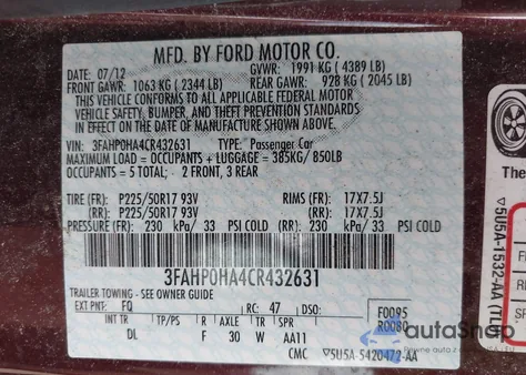 2012 Ford Fusion Se z USA, uszkodzony, nr VIN 3FAHP0HA4CR432631